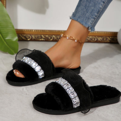 2024 hip-hop new arrival rhinestone fur slippers for women fall and winter home plus velvet heattechlace edge plush slippers for women