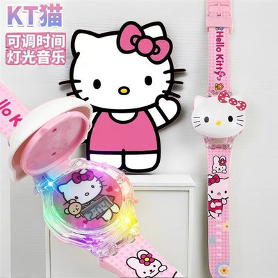 Kitty cat luminous music watch - frozen princess cartoon cute toy flip digital watch - gift for boys and girls