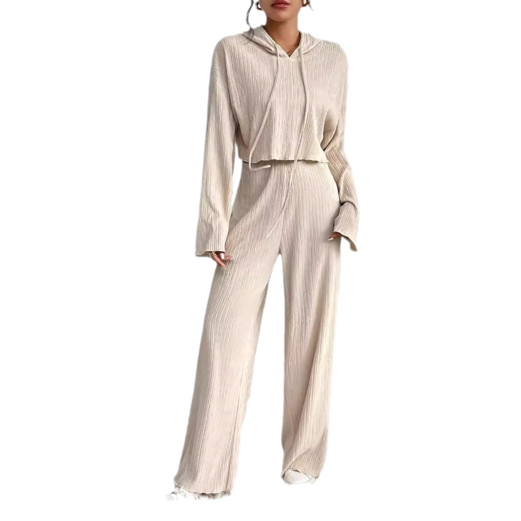 Spot wholesale independent station  new casual solid color knitted lace-up hoodie long sleeve trousers set two-piece set