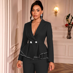 Lapel double-breasted long sleeves suit outwear asymmetricalrufflescontrast color waist casual small suit coat
