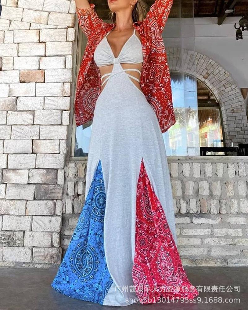 Spot  2022 European and American new contrasting color printing splicing sexy strap long suspender skirt