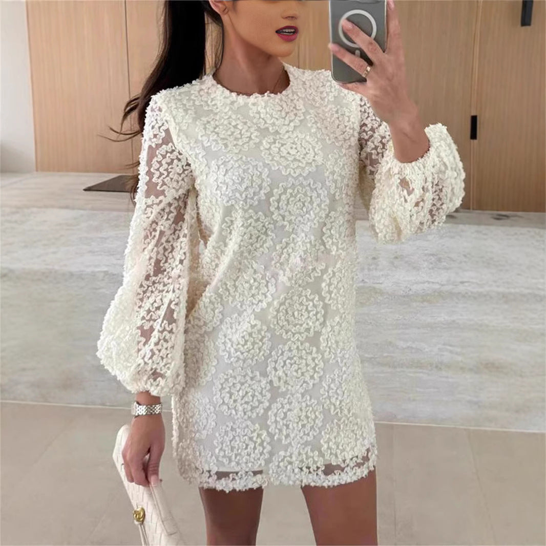 2025 European and American  new love attention lace textured fabric balloon sleeves loose mini dress