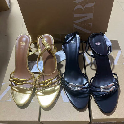 Za women's shoes 2024 summer new arrivals: women's high heels, open back, open toe, gold ankle strap, stiletto heel, back strap sandals