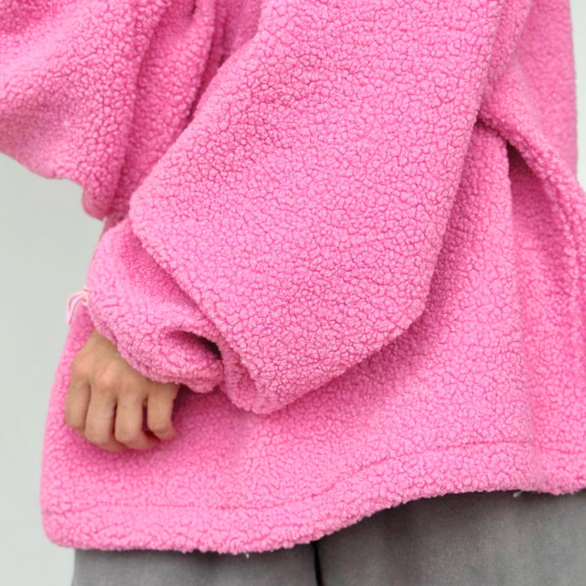 European and American fashion simple pink lamb wool sweater women's 2023 new spring warm loose pullover stand-up collar jacket