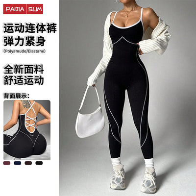 one-piece yoga wear all-in-oneoutwear sports fitness wear peach butt contrast color suspender jumpsuit for women