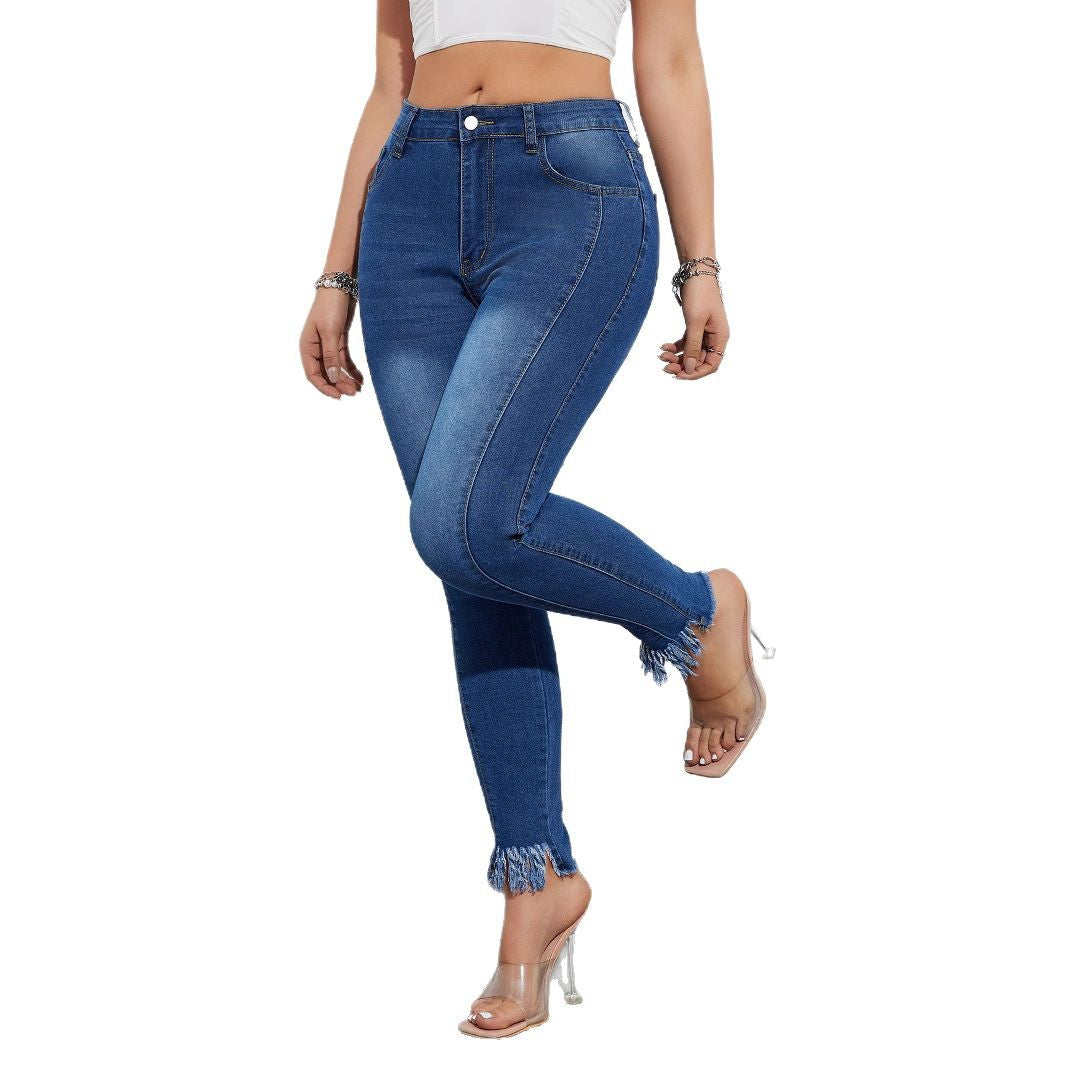 Spring 2025 new high-elastic thin jeans, elastic pants, pencil pants, high-waisted trousers, hip-wrapped and leg-long.