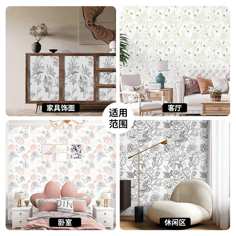 Cross-border sketch flower wallpaper thickened waterproof PVC wallpaper self-adhesive background wall decoration personalized wall sticker cloth with glue