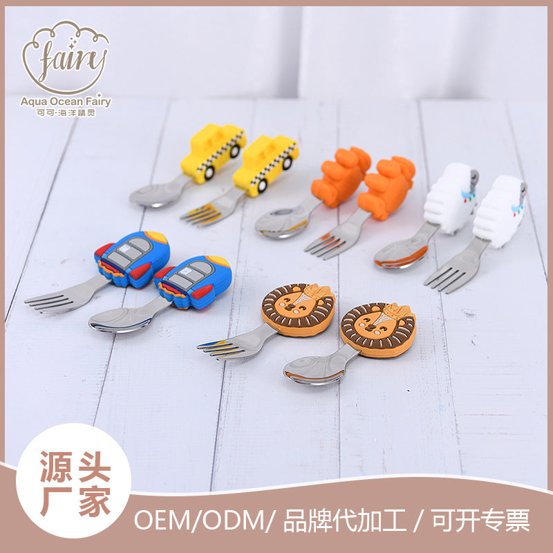 Customized baby drop-resistant eating short handle silicone stainless steel fork and spoon cartoon simple children's food supplement spoon tableware set