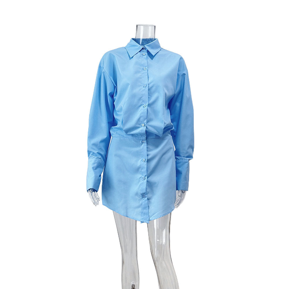 Simple niche French shirt-style hip-wrapped slim-fit dress 2024 European and American personalized solid color pencil skirt