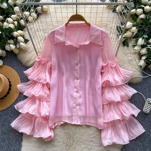 French romantic ruffle bell sleeve blouse - elegant, versatile, and chic work top - unique and high-end shirt