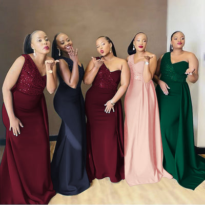 new european and american style african women's one-shoulder sexy maxi dress - & - train evening gown for banquets