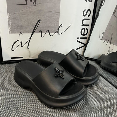 2025 summer new one-strap platform heeled slides - women's wedge sandals with thick sole for height increase, beach shoes, and lazy day comfort