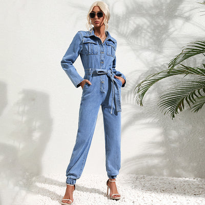 27# in stock - 35655# us & europe cross-border women's ins casual commute slim-fit denim jumpsuit