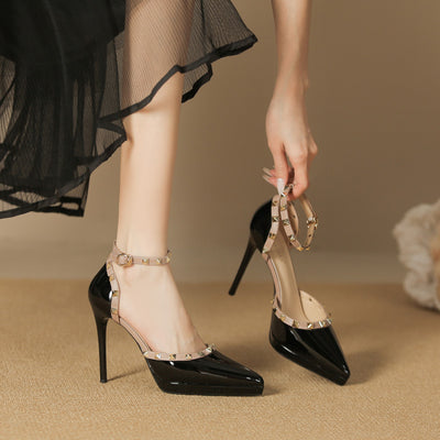 One-word rivet high-heeled shoes, pointed toe, stiletto heel, waterproof platform sandals, women's hollow toe high heels
