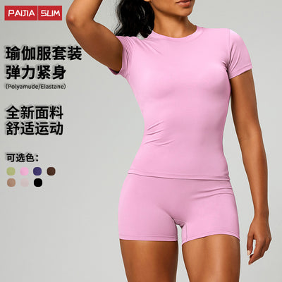 new arrival yoga clothes women's suitsummer yoga short-sleeved plaidoutwear tight tummy control sports three-quarter pants