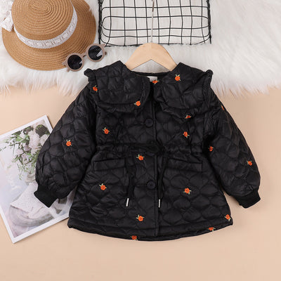 K-style winter new arrival lace collar cotton coat girl flower embroider gridsfleece-linedthickenedoutwear waist cotton jacket