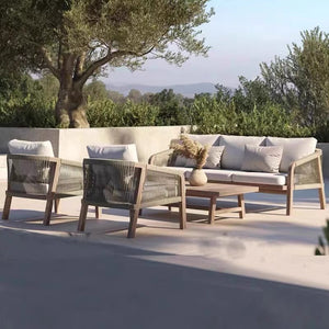 Hangkai american scandinavian teak rattan outdoor sofa hotel open-air light luxury rustic sofa outdoor table and chair set