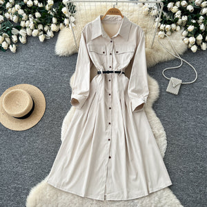 Commuting style waist slimming lookshirtdress women's long sleeves a-line skirt with beltelegantcasual outfit skirt autumn