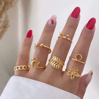 18k ring wholesale european and american cross-border ins style jewelry retro gold leaf flower rabbit horn stacked ring set for women