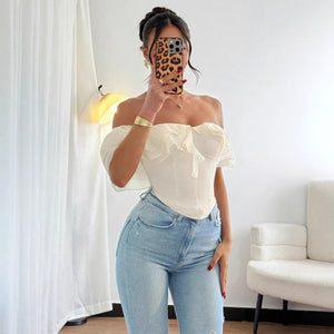 Amazon cross-border fashion one-shoulder rufflestube top fishbone waist silmshort t-shirt plus size hot girl