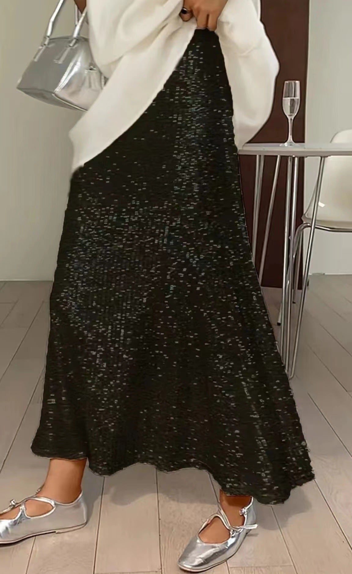 2025 European and American new fashion sequins elastic high waist lining elastic drape skirt long skirt women