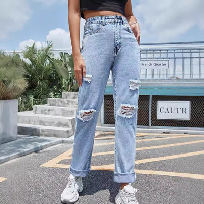 Pre-sale-30910# cross-border women's straight-legcasual slimming look ripped jeans pants