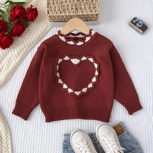 Girls' korean style sweater - new autumn/winter sweet 3d heart top - christmas baby girl round neck knitted long sleeve sweater
