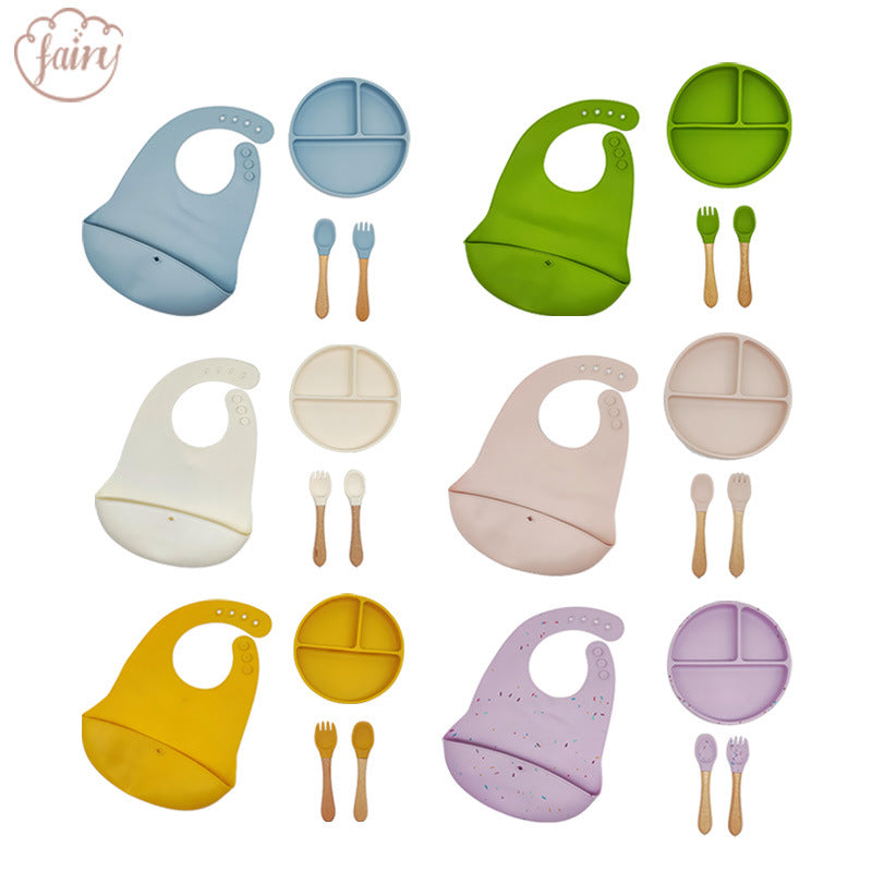 Cross-border supply Silicone children's tableware set Baby complementary food bowl bib, fork anti-drop set Cross-border spot