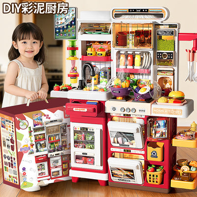 Kids' kitchen simulation playset with touchscreen functionality: cooking station, refrigerator, burgers, desserts – pretend play for boys and girls