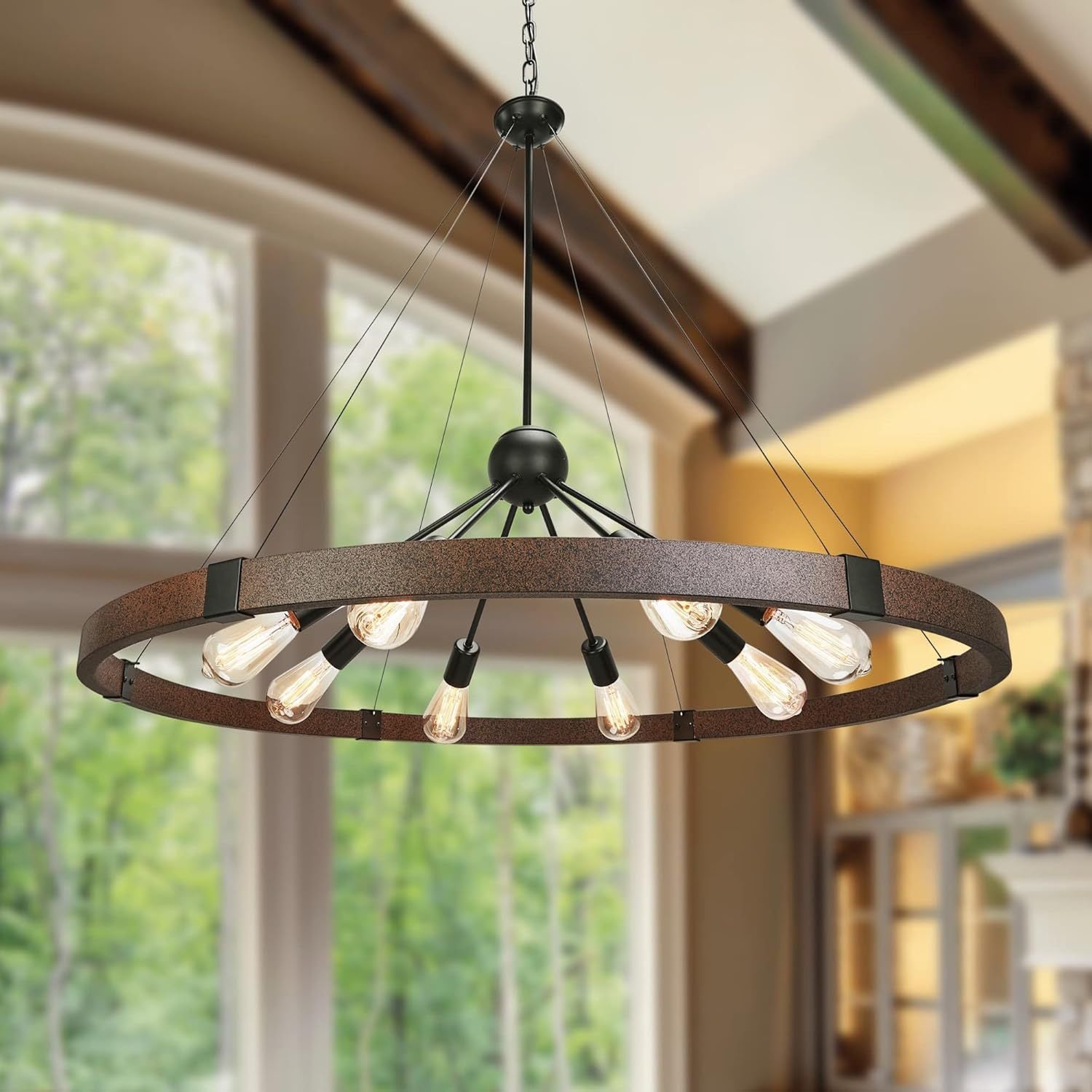 Cross-border retro industrial wind chandelier American wrought iron solid wood grain chandelier suitable for cafes, restaurants and bars