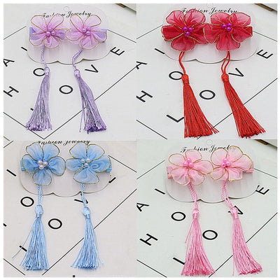 Hair accessories, hairpins, kids, girls, han dynasty accessories, gold edge tassels, costumes, ribbons, chinese style, antique style, pink