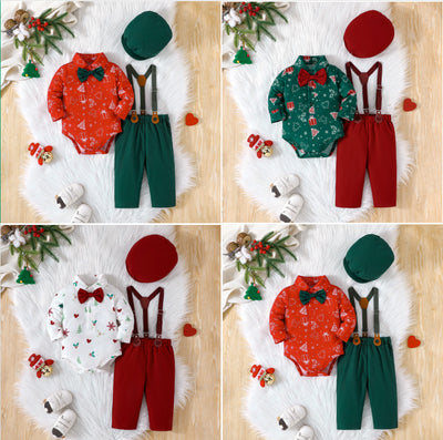 new christmas boy's gentleman outfit: triangle romper + overalls + hat three-piece set - hot seller!