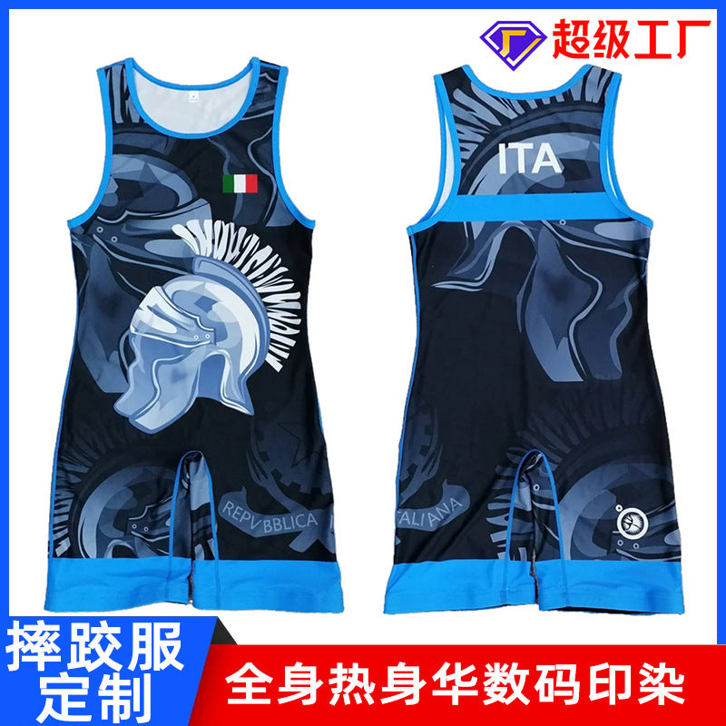 Sublimation full body print men's one-piece wrestling suit custom training weightlifting suit men's and women's free wrestling one-piece vest
