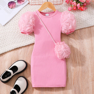 Children's flower short-sleeved dress + flower shoulder bag