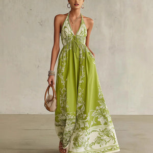 Amazon european style bohemian floral print halter neck v-neck tie-up slimming vacation dress for women