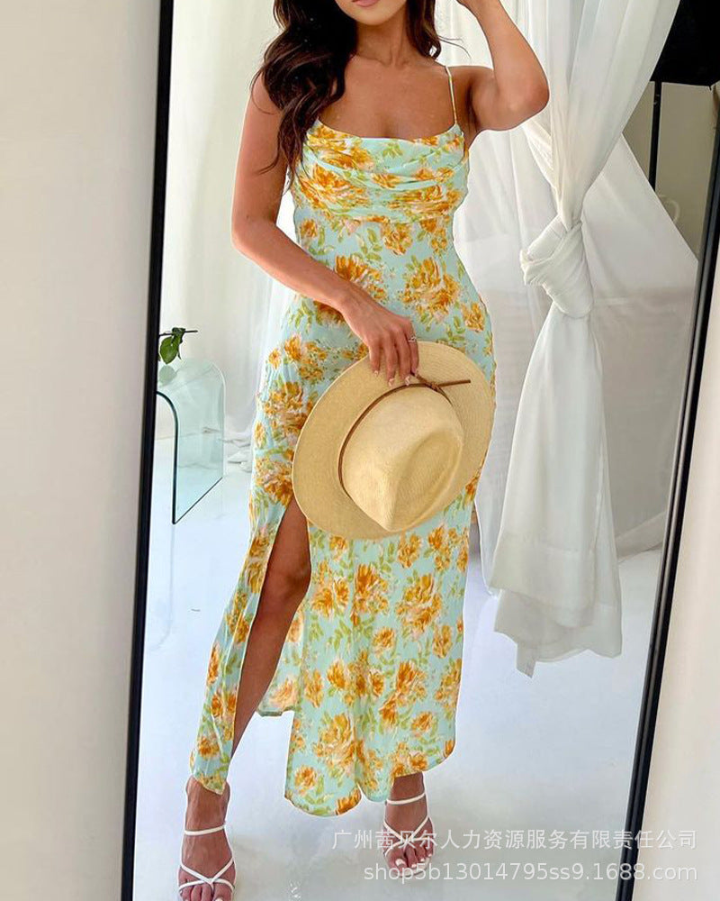 Spot Foreign Trade 2022 Women's Temperament Commuter -- List _ Suspender Folds Split Printed Dress