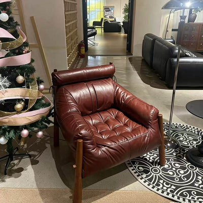 Cream style solid wood sofa genuine leather designer creative high back complex lazy sofa living room single sofa chair