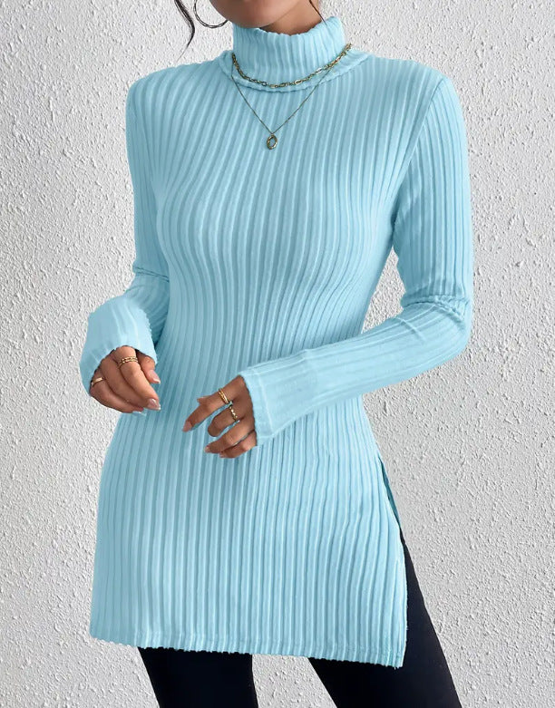 European and American new women's turtleneck jumper, split-ended slim-fit bottoming shirt, pit striped medium and long top T-shirt