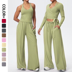 New brushed fabric tie-up long sleeve sports bra with open back, drawstring wide-leg loose pants, outdoor casual fitness outfit