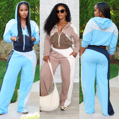 S391431 european and american fashion women's color block zip-up cardigan wide leg elastic waist athletic pants two-piece set