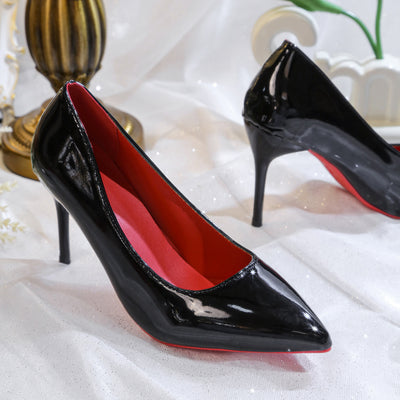Red bottom black high heels women's stilettos 2024 spring and autumn new arrival patent leather pointed toe sexy professional work flats women