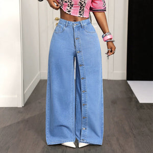 Fashionjeans women's light blue washed placket buttoned stylish slit high waistloose floor-length wide-leg denim pants