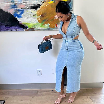 European and american style women's denim dress - cross-border fashion sexy sleeveless turn-down collar slit dress