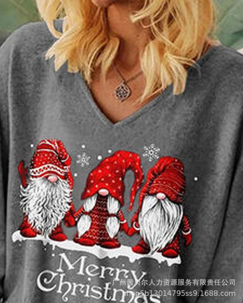 European and American autumn and winter new Christmas printing loose V-neck pullover large size long-sleeved T-shirt-APU7149