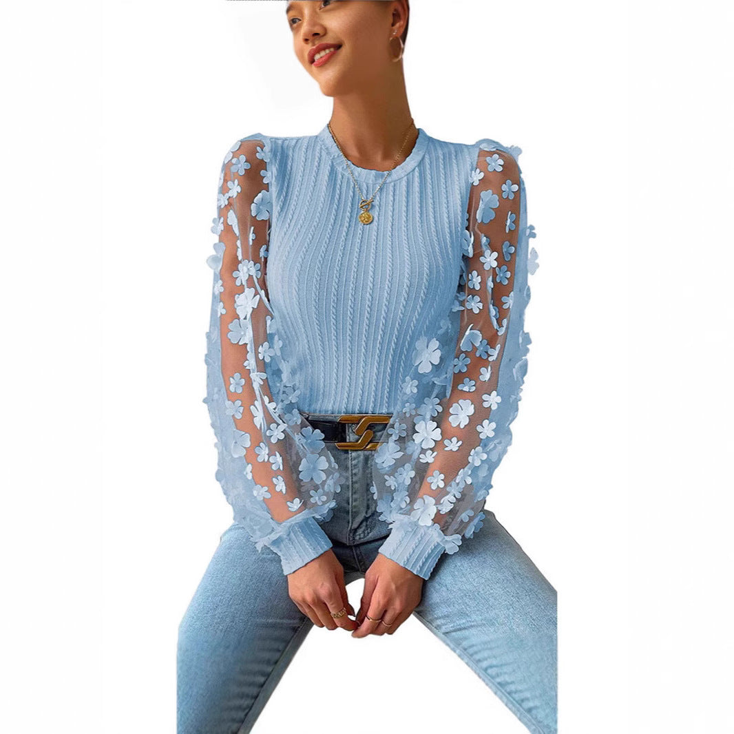 European and American  women's clothing, mesh floral chiffon shirt women's 2024 spring and summer round neck thin pullover long-sleeved top