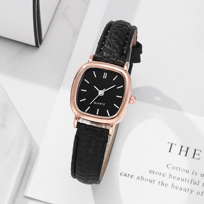 New square watch - minimalist, vintage style quartz watch for women and students, with leather strap