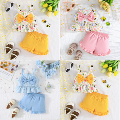 exclusive: baby girl's summer cute bee & floral print sleeveless outfit - stylish & comfortable two-piece set