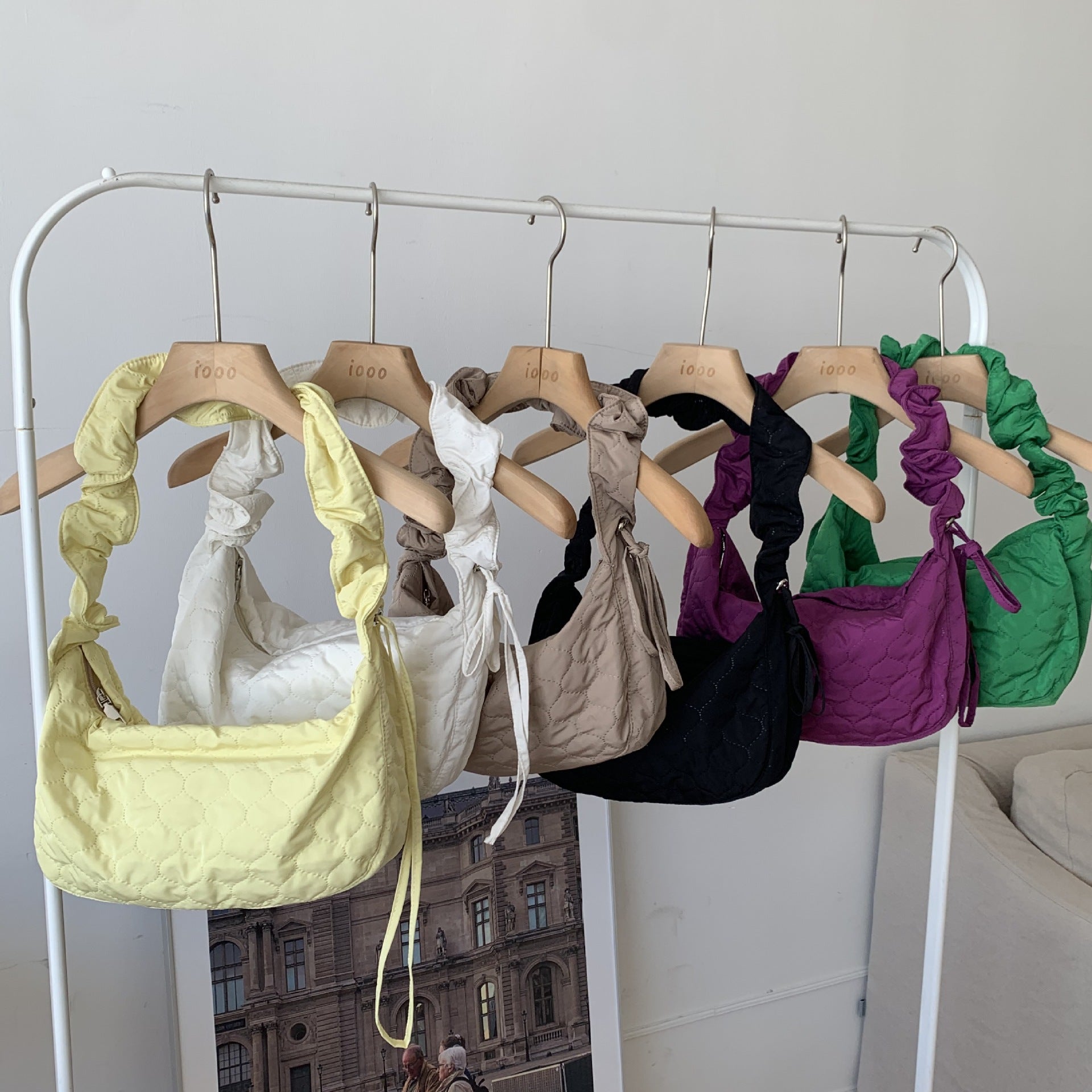 Bag new Korean version single shoulder bag embroidered lattice dumpling bag oblique span bag pleated drawstring small fresh temperament versatile women's bag