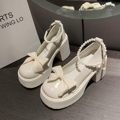 2025 spring new korean style bowknot low-cut pearl ankle strap chunky heel round toe mary jane leather shoes for women