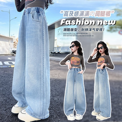 Girls' light wash denim wide leg pants - spring new collection - stylish kids' and big girls' straight leg trousers - spring/autumn style